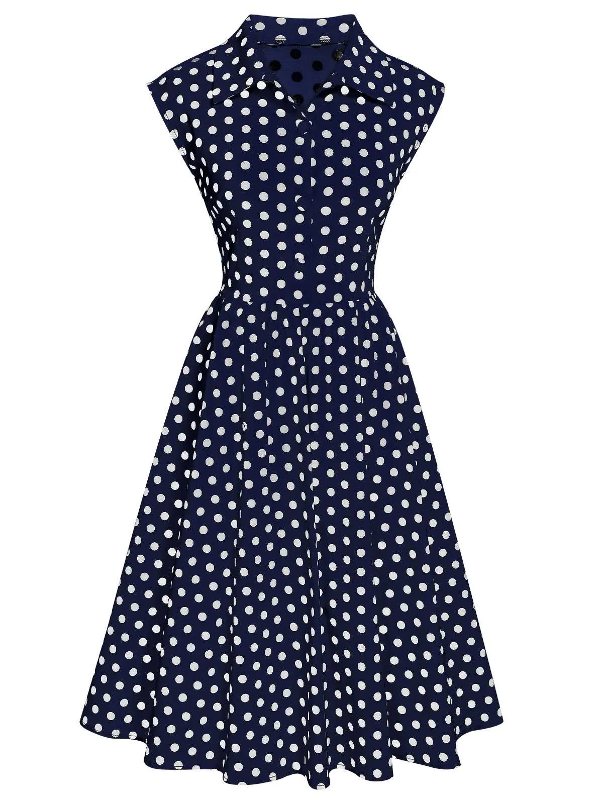 1940s Lapel Polka Dots Sleeveless Dress