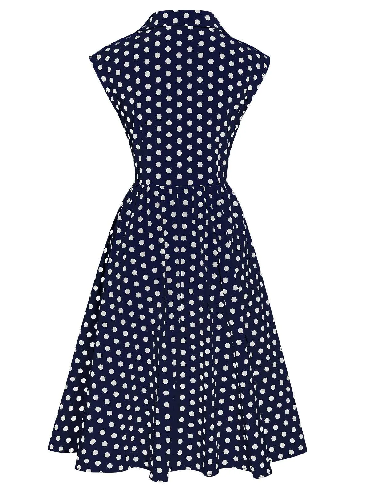 1940s Lapel Polka Dots Sleeveless Dress