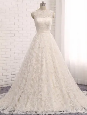 A-line Bateau Neck Lace Wedding Dress