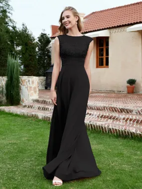 A-Line Chiffon Dress with Illusion Neckline Black Plus Size