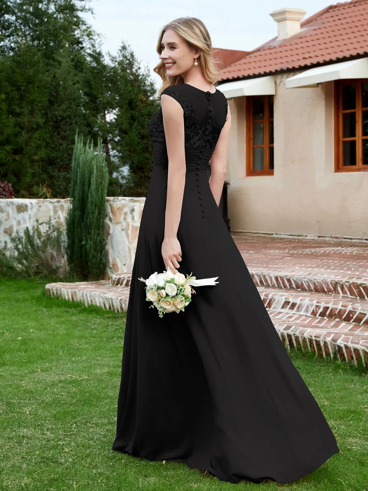 A-Line Chiffon Dress with Illusion Neckline Black Plus Size