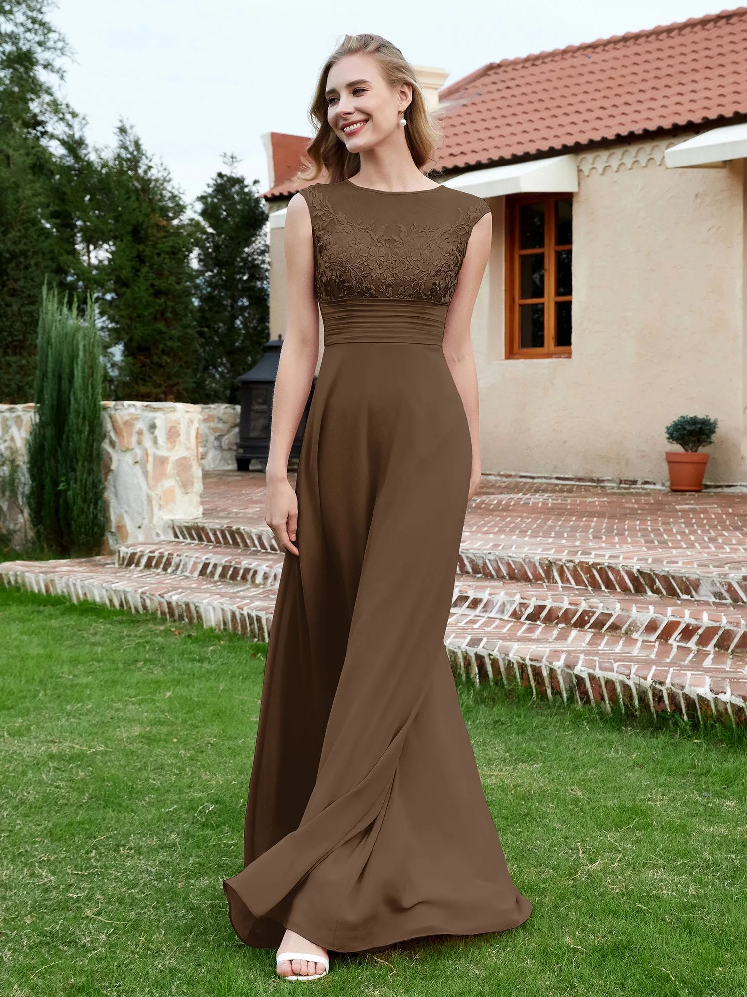 A-Line Chiffon Dress with Illusion Neckline Brown Plus Size