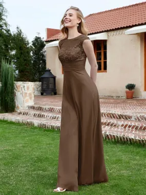 A-Line Chiffon Dress with Illusion Neckline Brown Plus Size