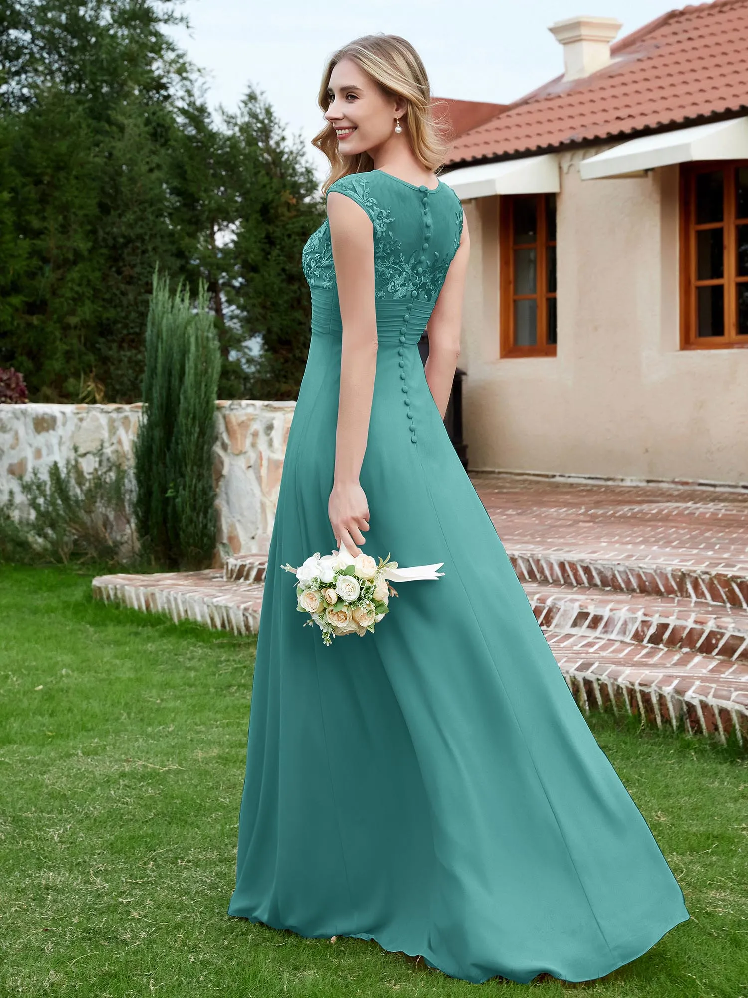 A-Line Chiffon Dress with Illusion Neckline Jade