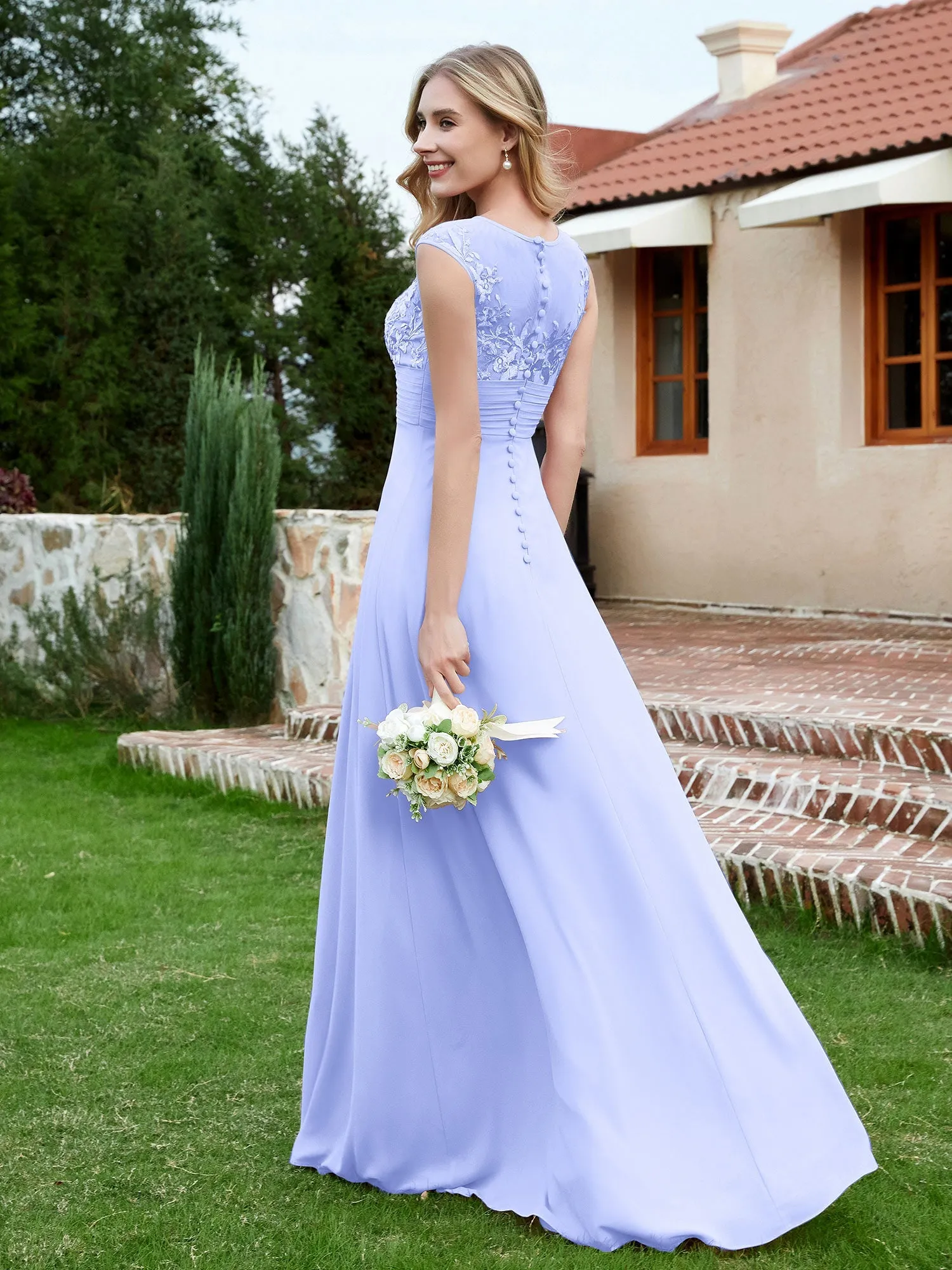 A-Line Chiffon Dress with Illusion Neckline Lavender Plus Size