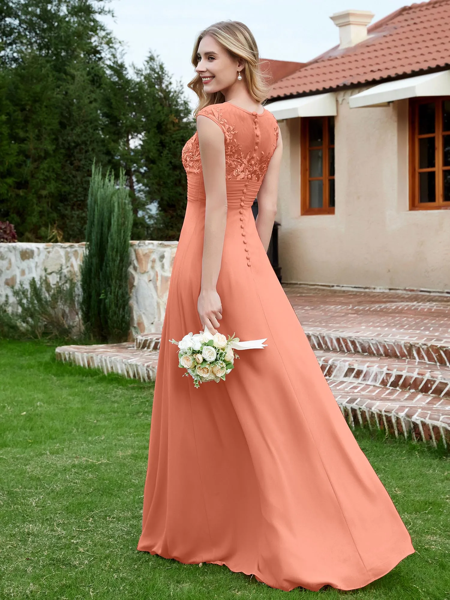 A-Line Chiffon Dress with Illusion Neckline Papaya