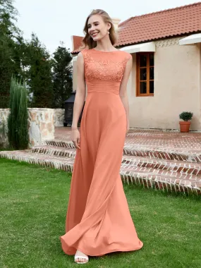 A-Line Chiffon Dress with Illusion Neckline Papaya