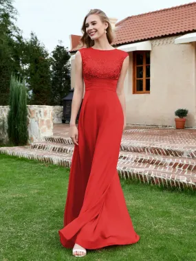 A-Line Chiffon Dress with Illusion Neckline Red Plus Size