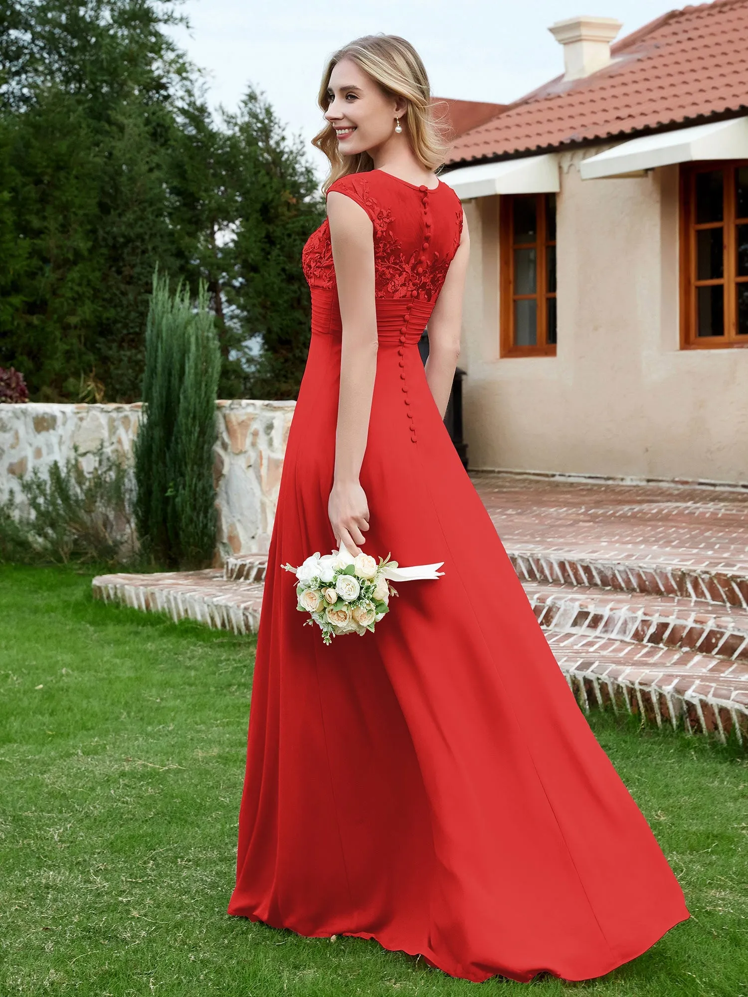 A-Line Chiffon Dress with Illusion Neckline Red Plus Size
