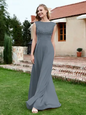 A-Line Chiffon Dress with Illusion Neckline Slate Blue Plus Size