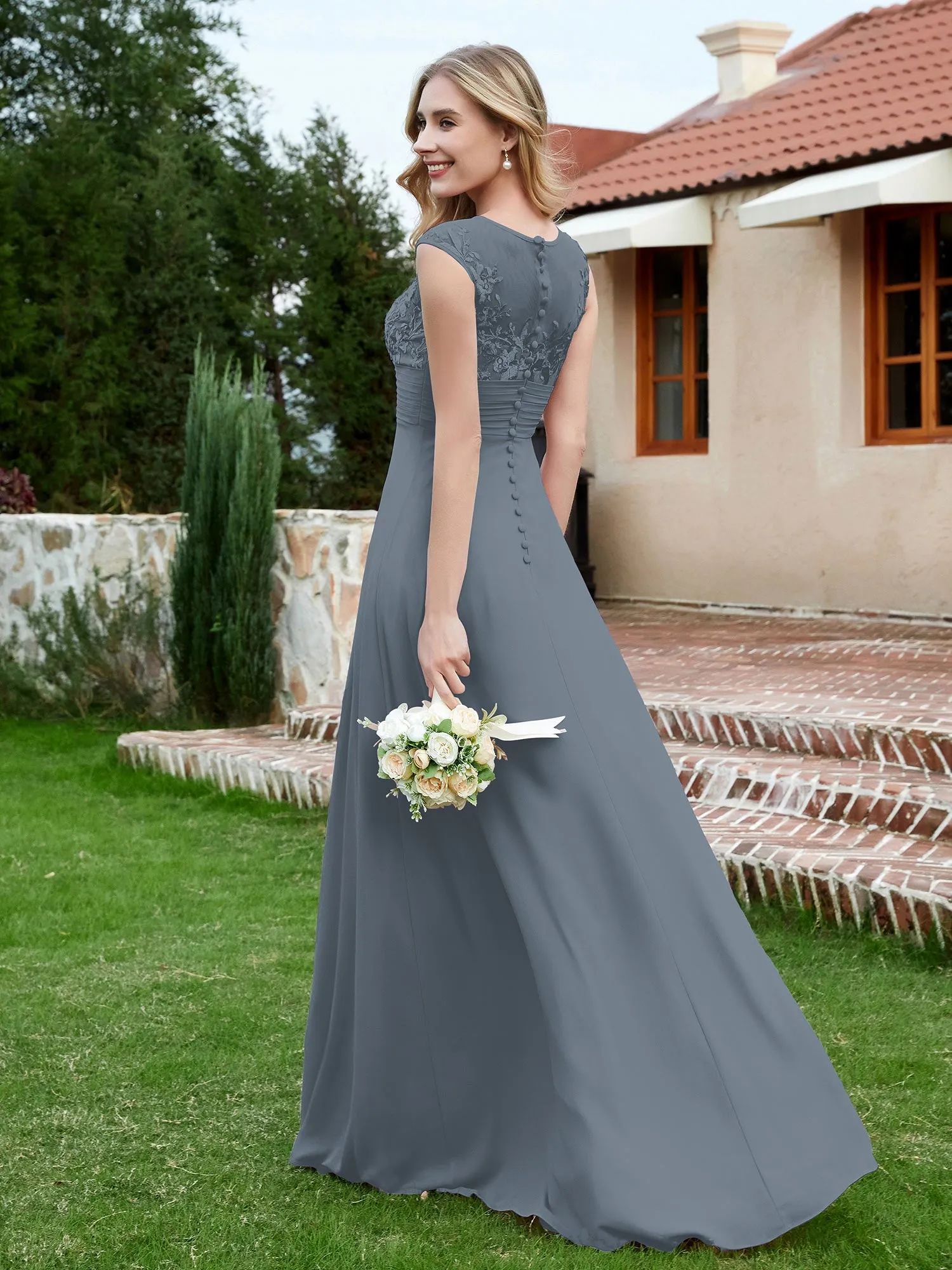 A-Line Chiffon Dress with Illusion Neckline Slate Blue Plus Size