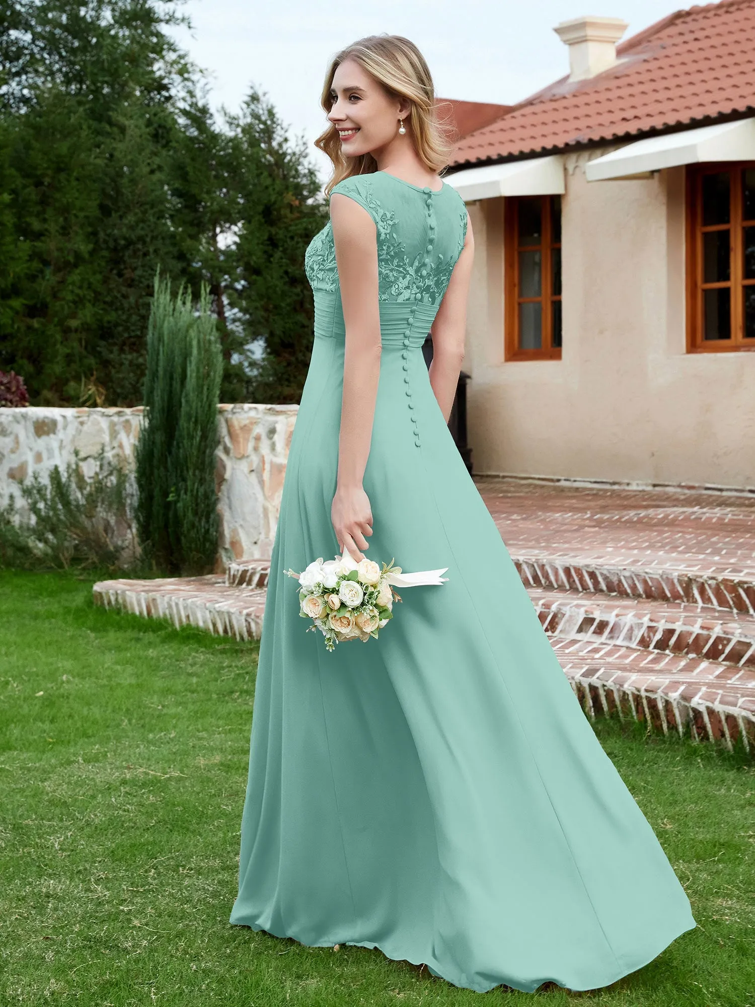A-Line Chiffon Dress with Illusion Neckline Turquoise