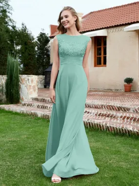 A-Line Chiffon Dress with Illusion Neckline Turquoise
