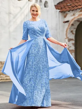 A-line Lace Appliqued Dress with Trailing Blue