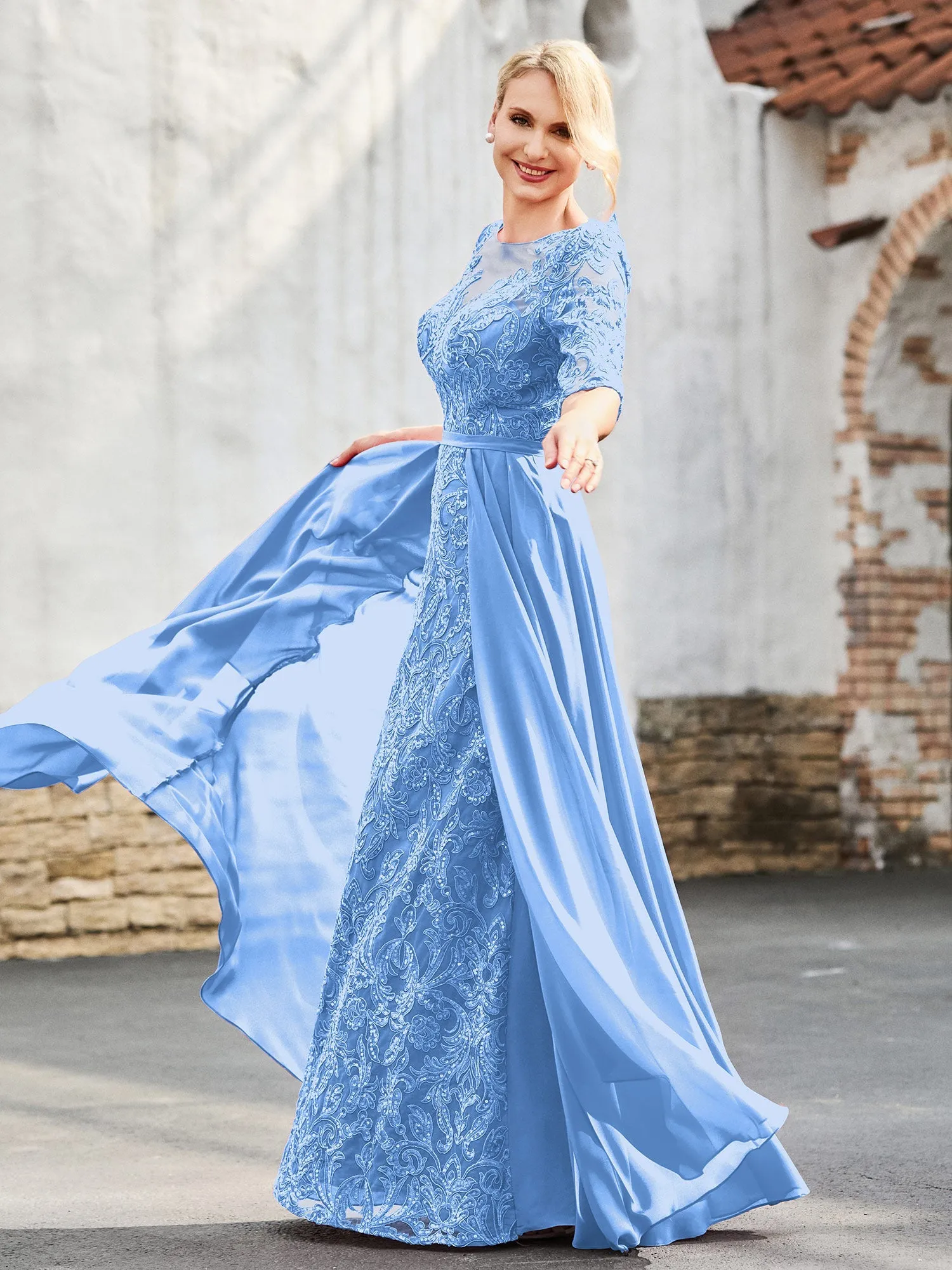 A-line Lace Appliqued Dress with Trailing Blue