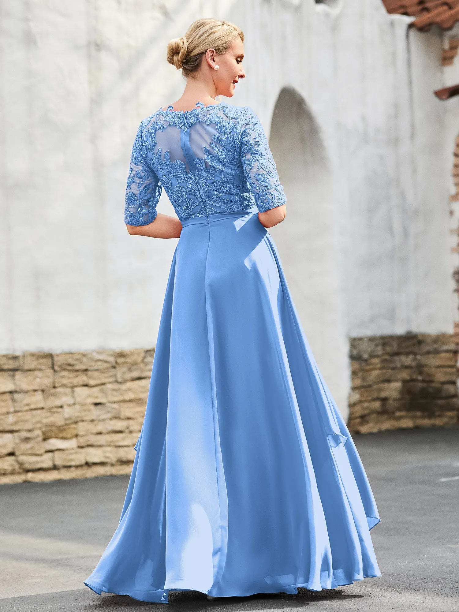 A-line Lace Appliqued Dress with Trailing Blue