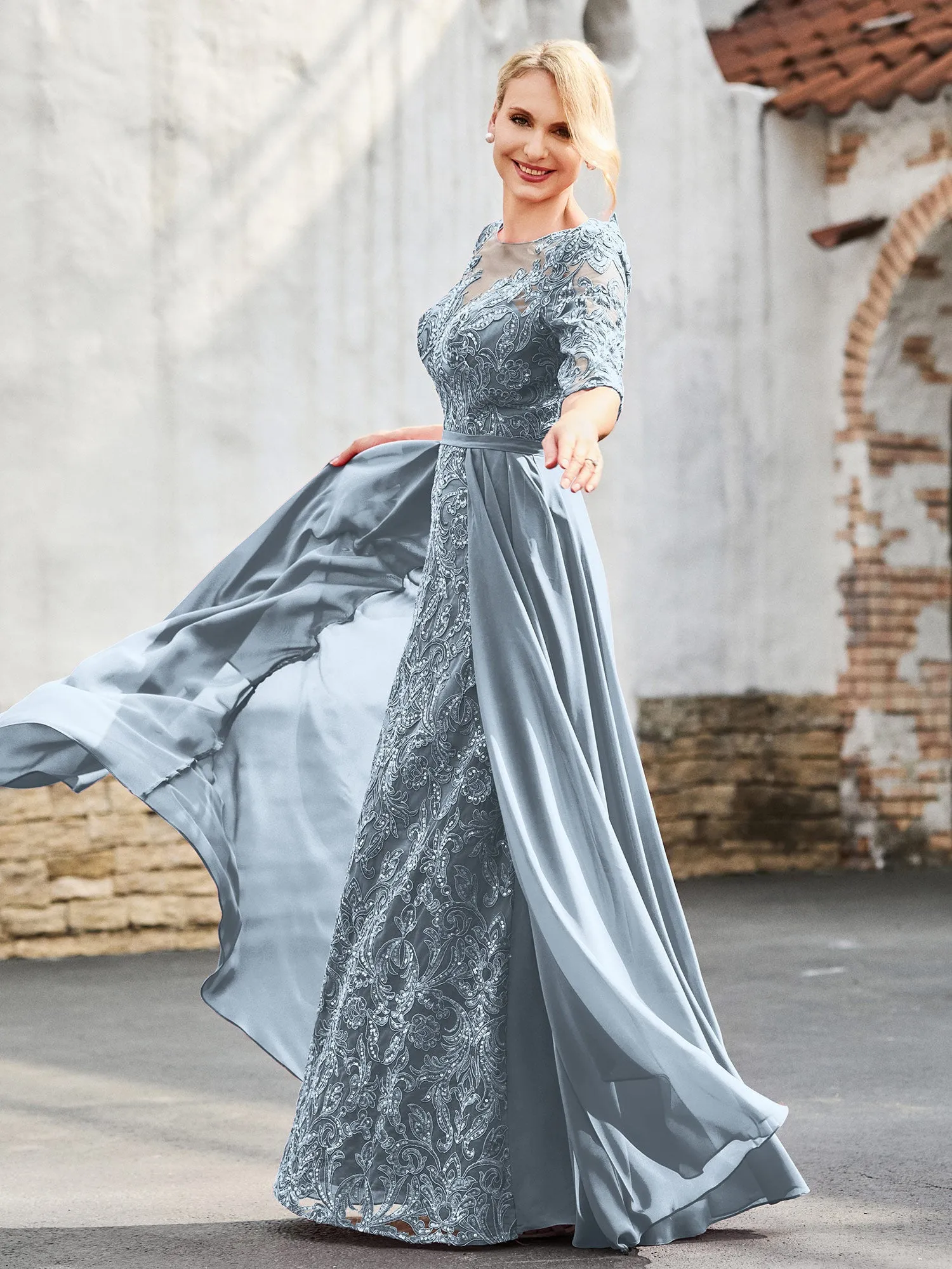 A-line Lace Appliqued Dress with Trailing Dusty Blue