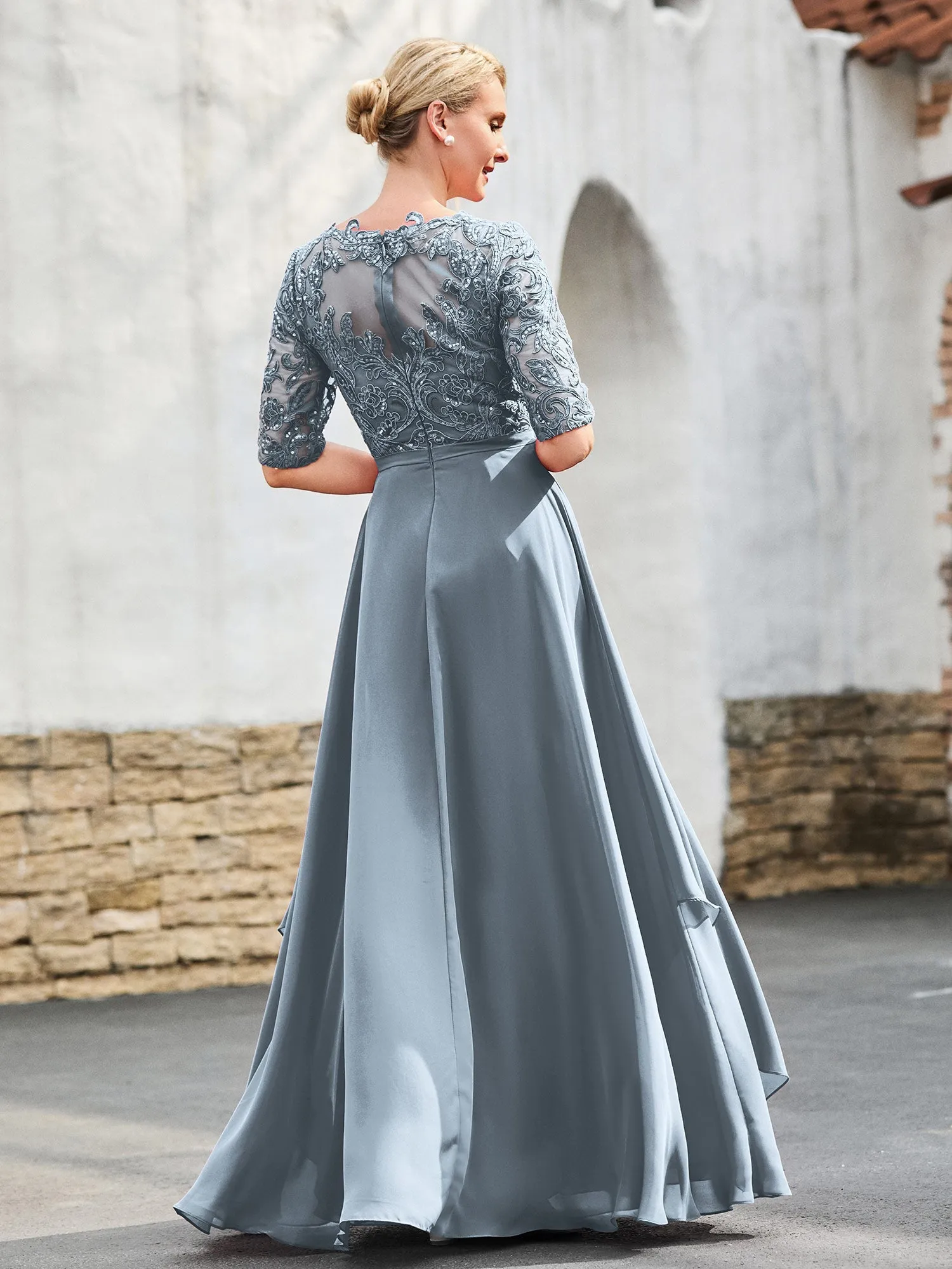 A-line Lace Appliqued Dress with Trailing Dusty Blue