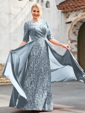A-line Lace Appliqued Dress with Trailing Dusty Blue