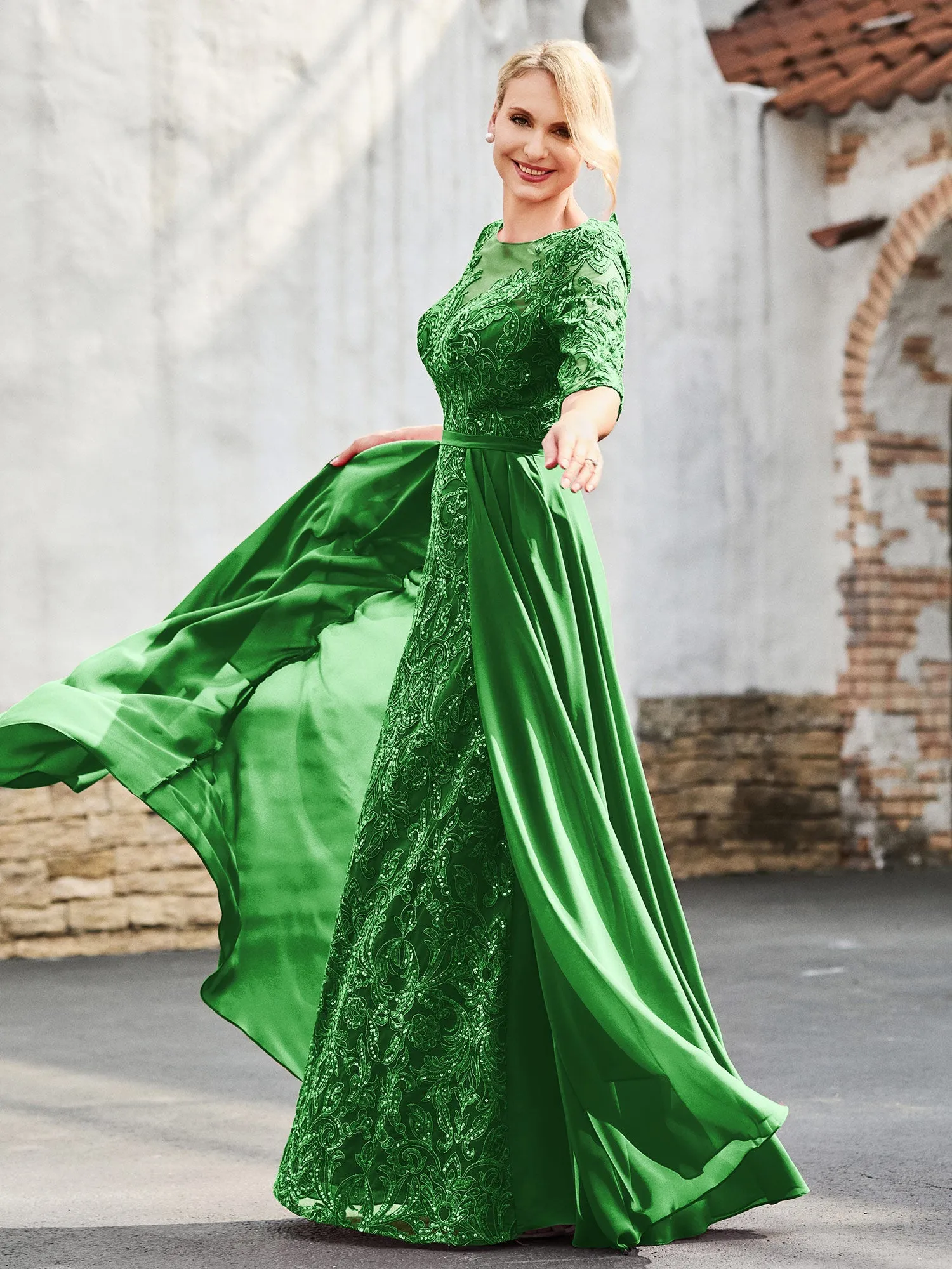 A-line Lace Appliqued Dress with Trailing Green