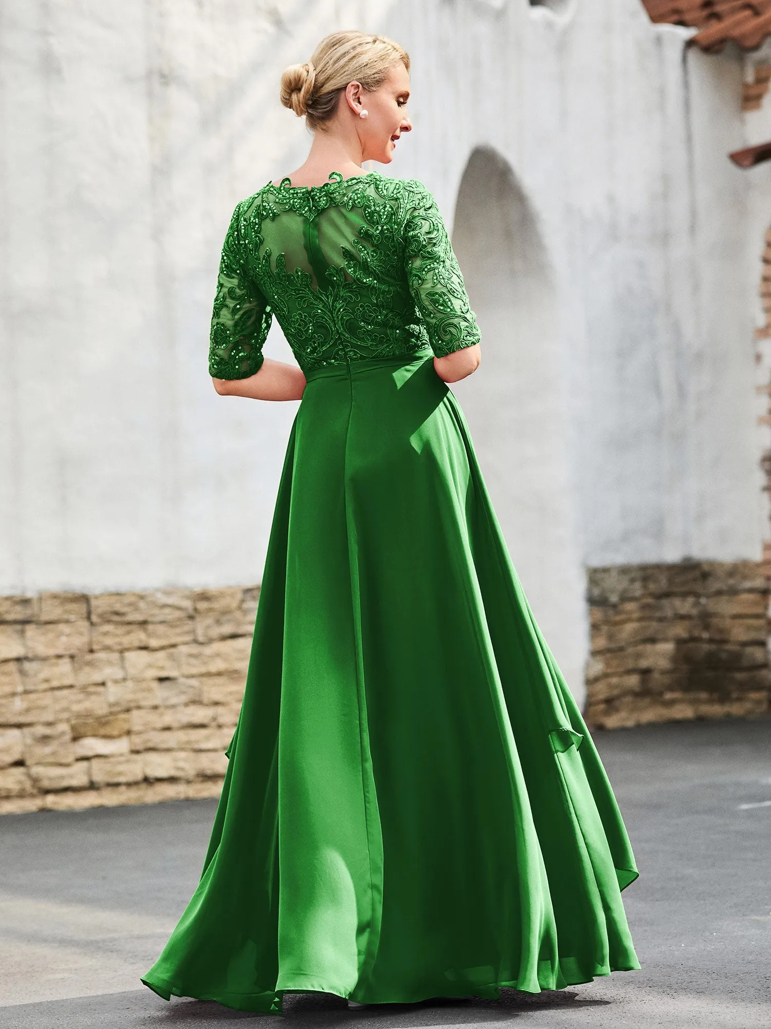 A-line Lace Appliqued Dress with Trailing Green