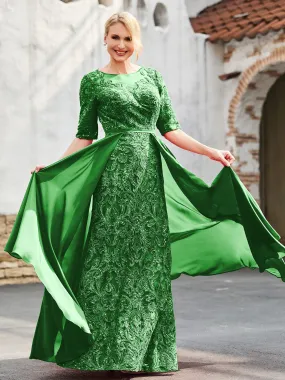 A-line Lace Appliqued Dress with Trailing Green