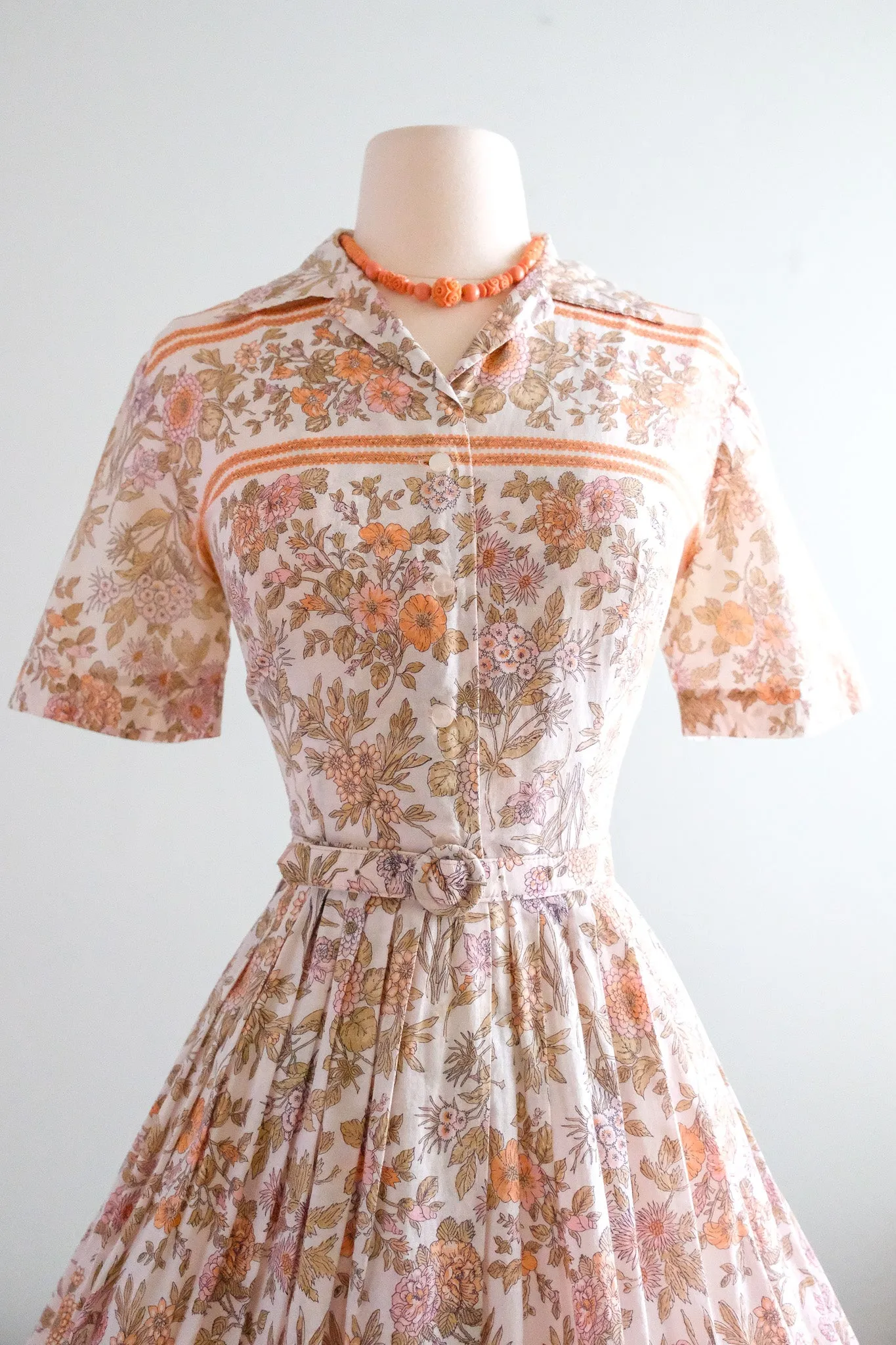 Adorable 1950's Apricot Floral Cotton Sundress / Sz SM