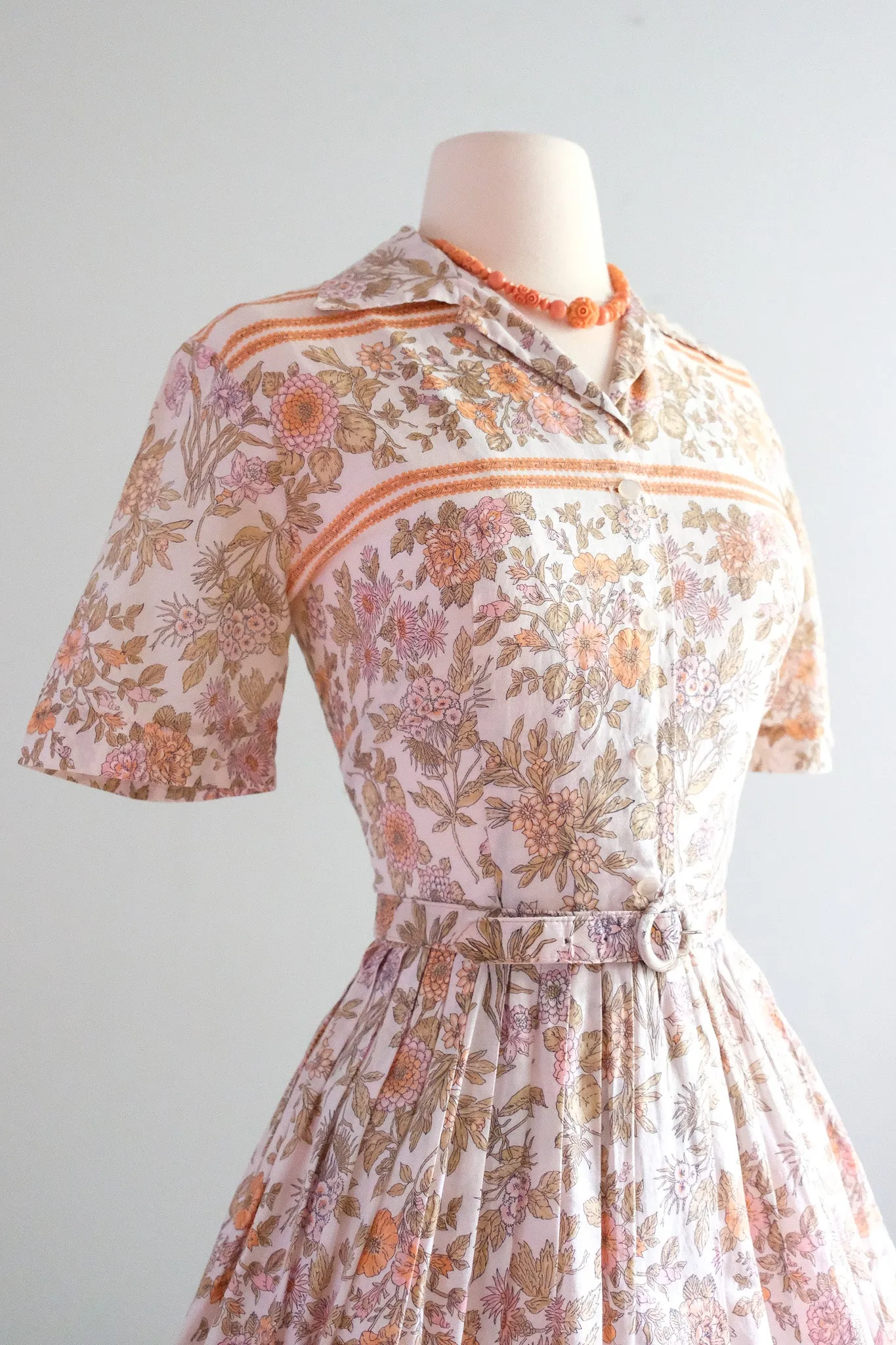 Adorable 1950's Apricot Floral Cotton Sundress / Sz SM
