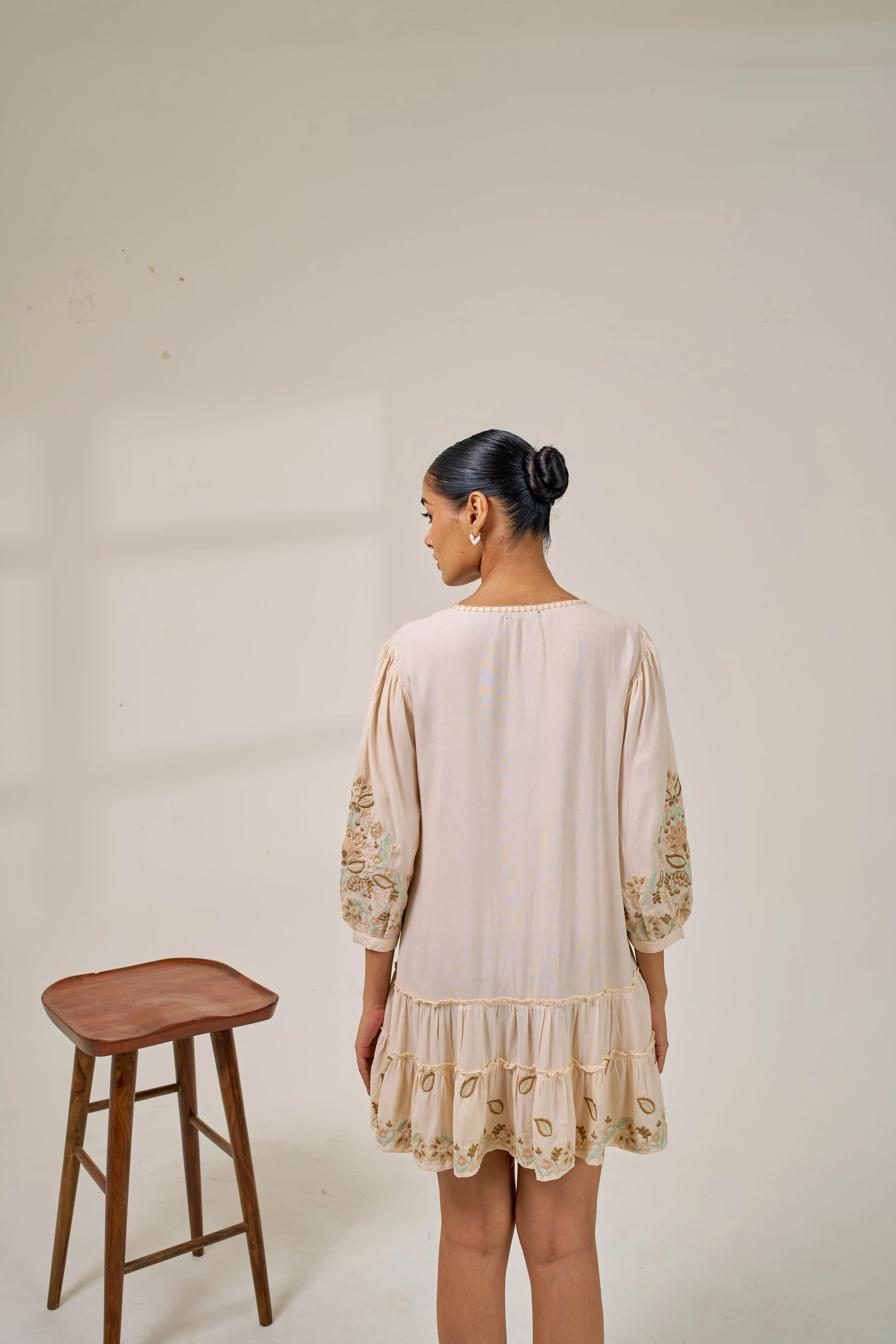 Alaya Meher Beige Bloom Embroidered Dress