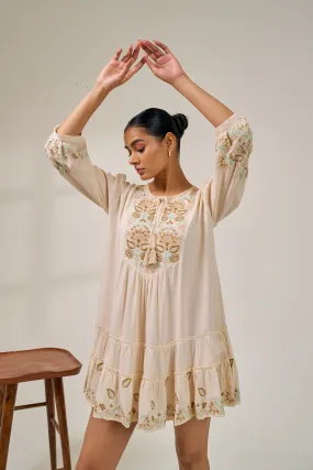 Alaya Meher Beige Bloom Embroidered Dress