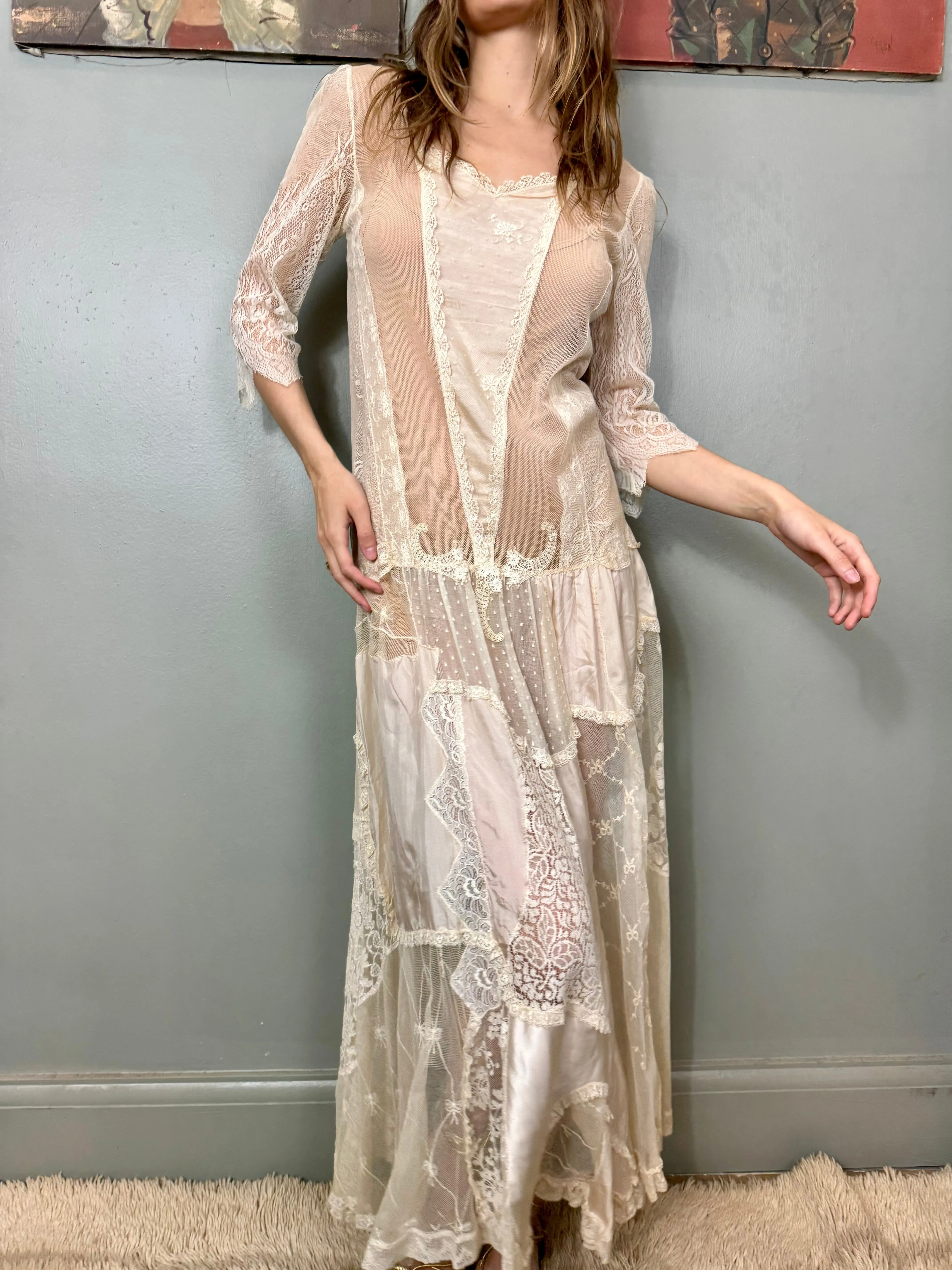 Amandine, 40s mixed lace and silk dress