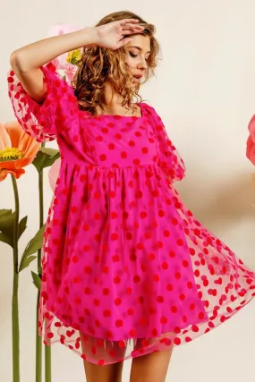 Barbie Hot Pink Polka Dot Mesh Puff Sleeve Dress