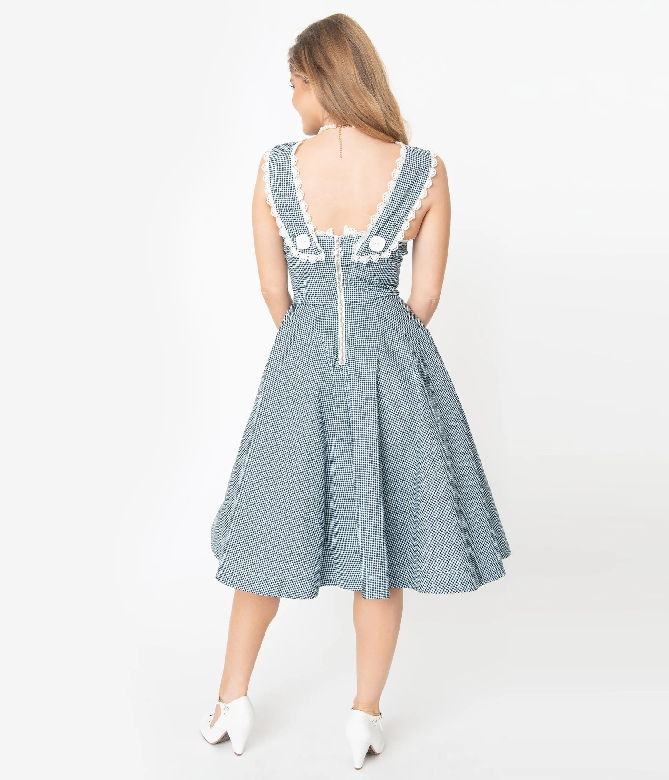 Barbie x Unique Vintage Navy & White Gingham Barbie-Q Swing Dress