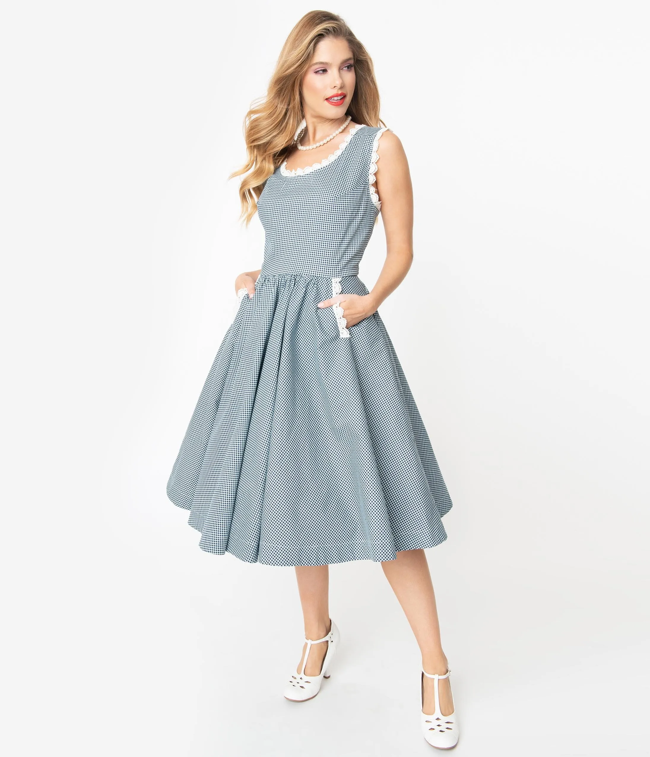 Barbie x Unique Vintage Navy & White Gingham Barbie-Q Swing Dress