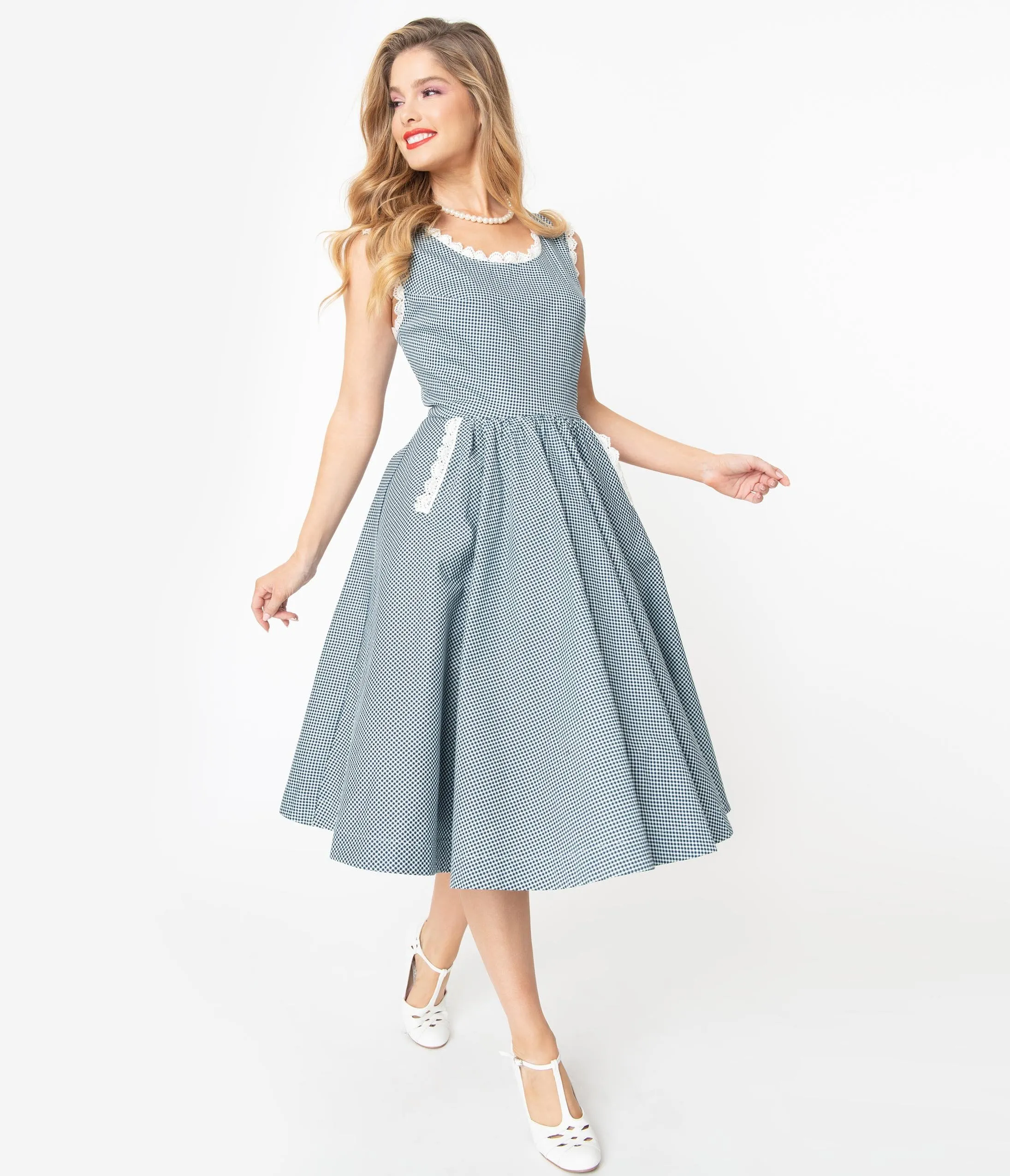 Barbie x Unique Vintage Navy & White Gingham Barbie-Q Swing Dress