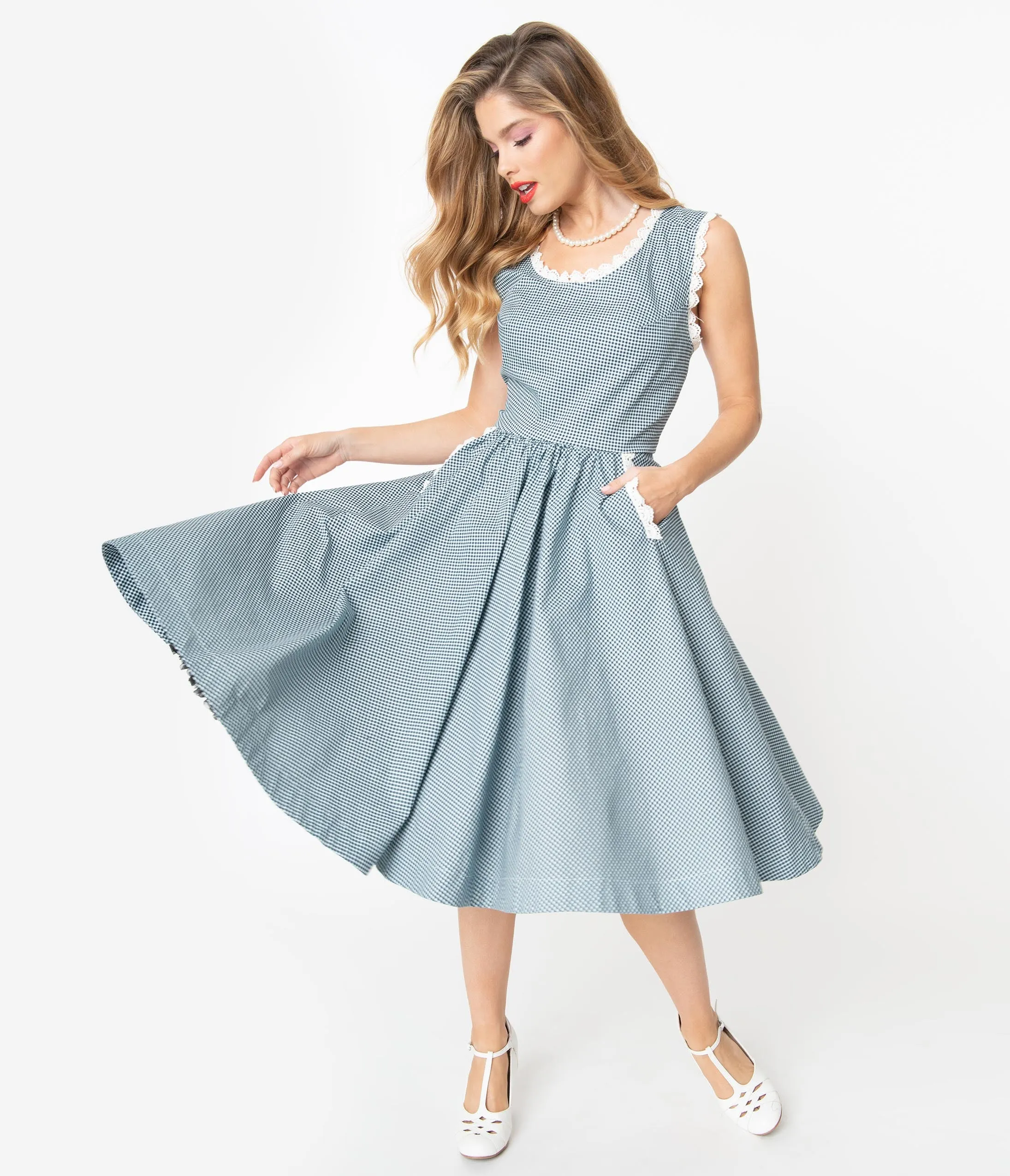 Barbie x Unique Vintage Navy & White Gingham Barbie-Q Swing Dress