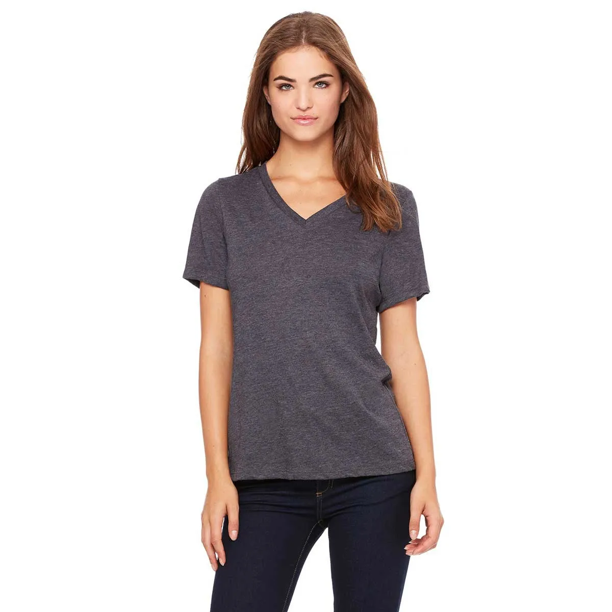 Bella   Canvas Women's Dark Grey Heather Relaxed Jersey Short-Sleeve V-Neck T-Shirt