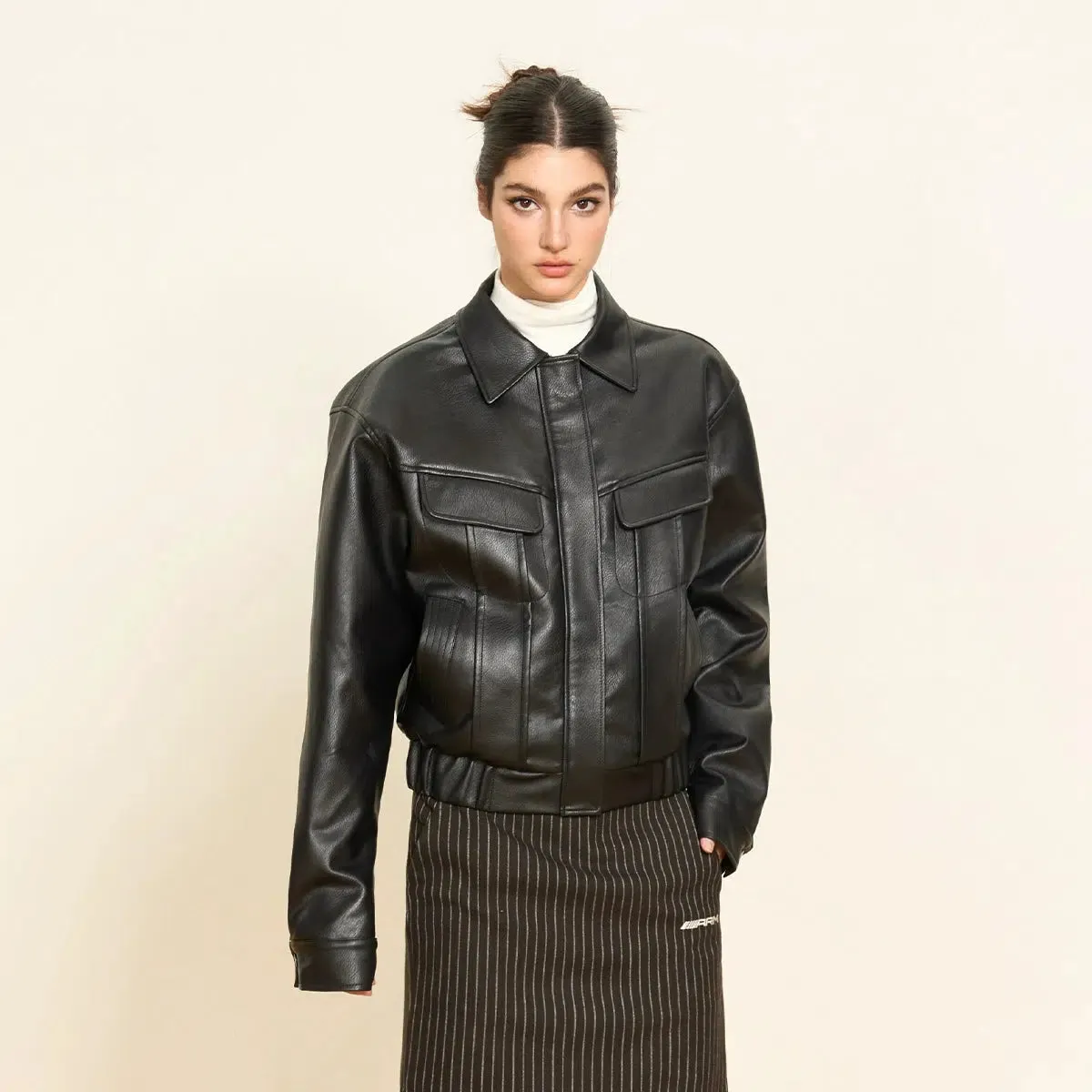 Belted Waist Structured Leather Jacket
