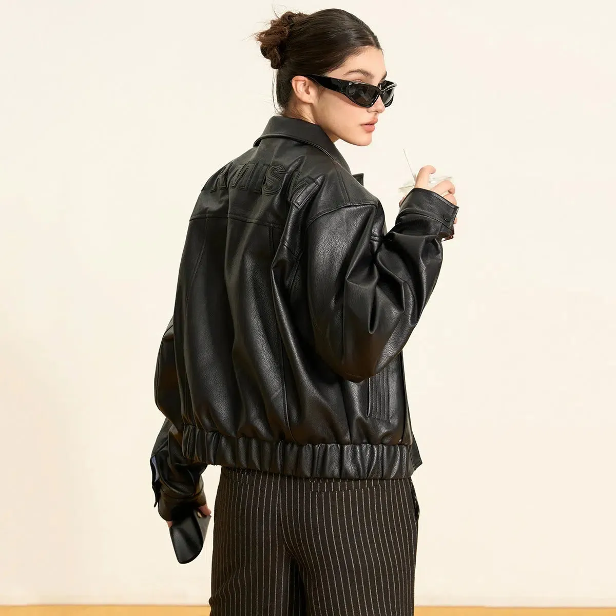 Belted Waist Structured Leather Jacket