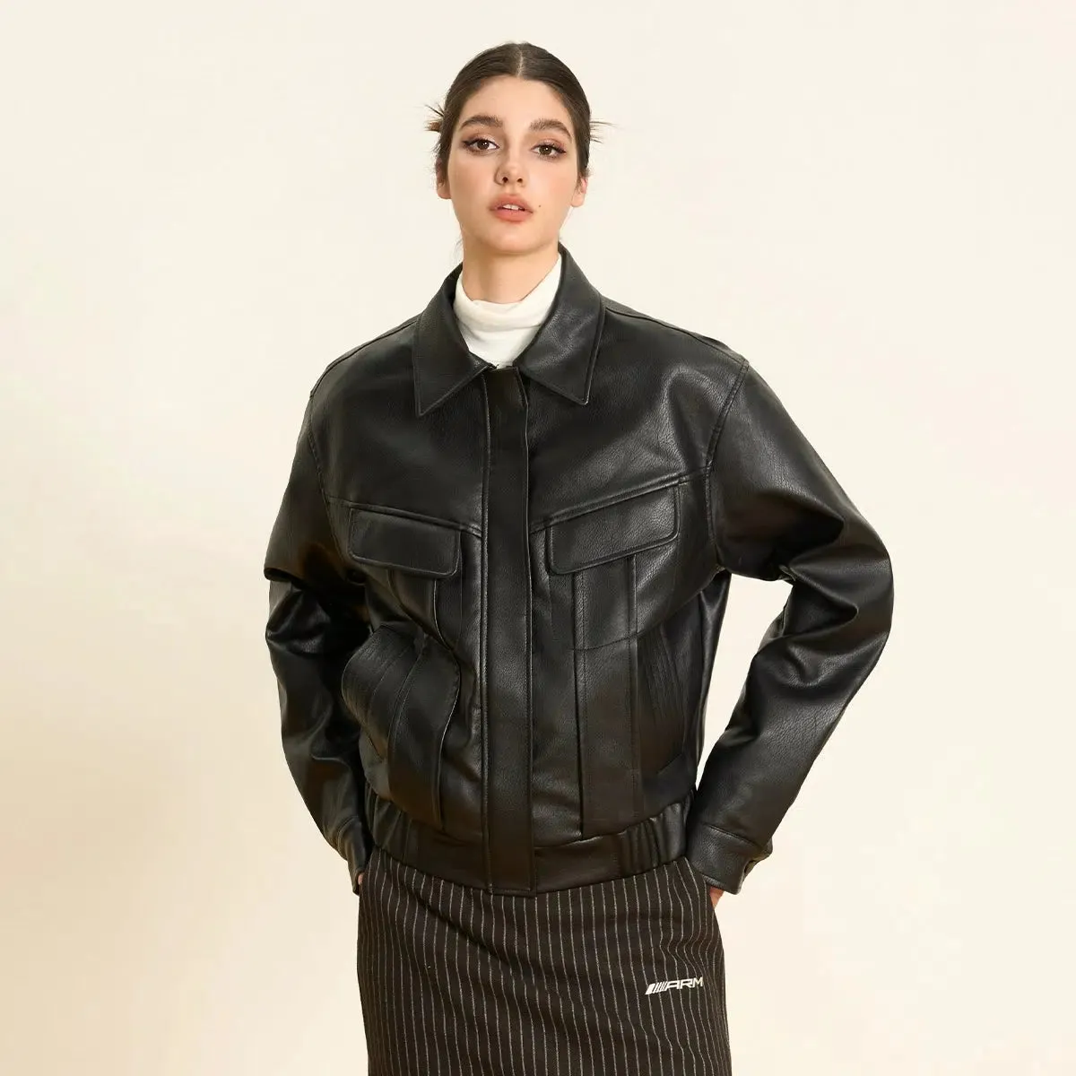 Belted Waist Structured Leather Jacket
