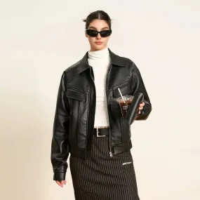 Belted Waist Structured Leather Jacket