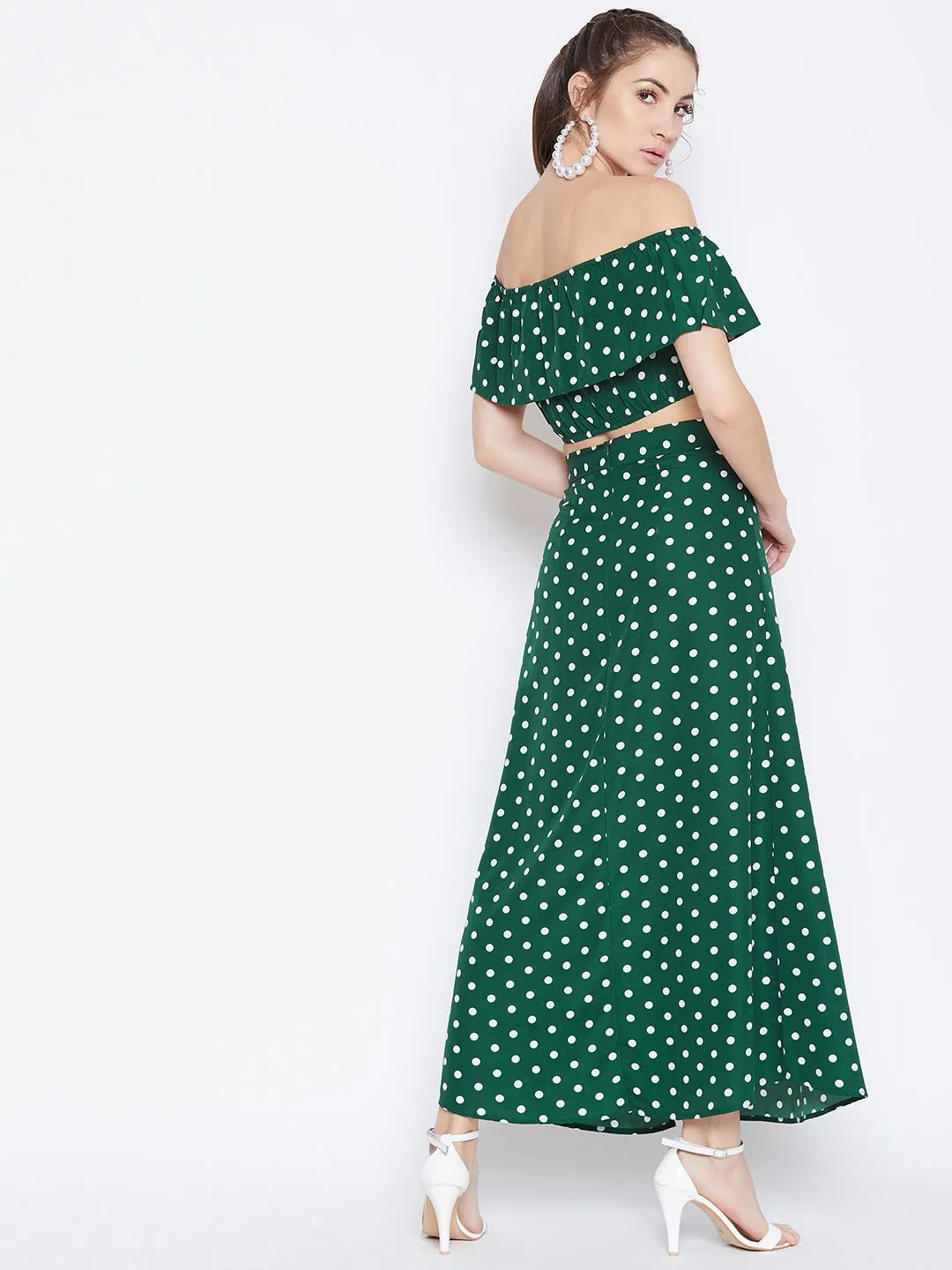 Berrylush Women Green & White Polka Dot Printed Off-Shoulder Co-Ordinate Maxi Dress