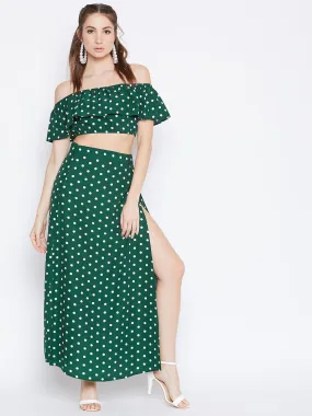 Berrylush Women Green & White Polka Dot Printed Off-Shoulder Co-Ordinate Maxi Dress