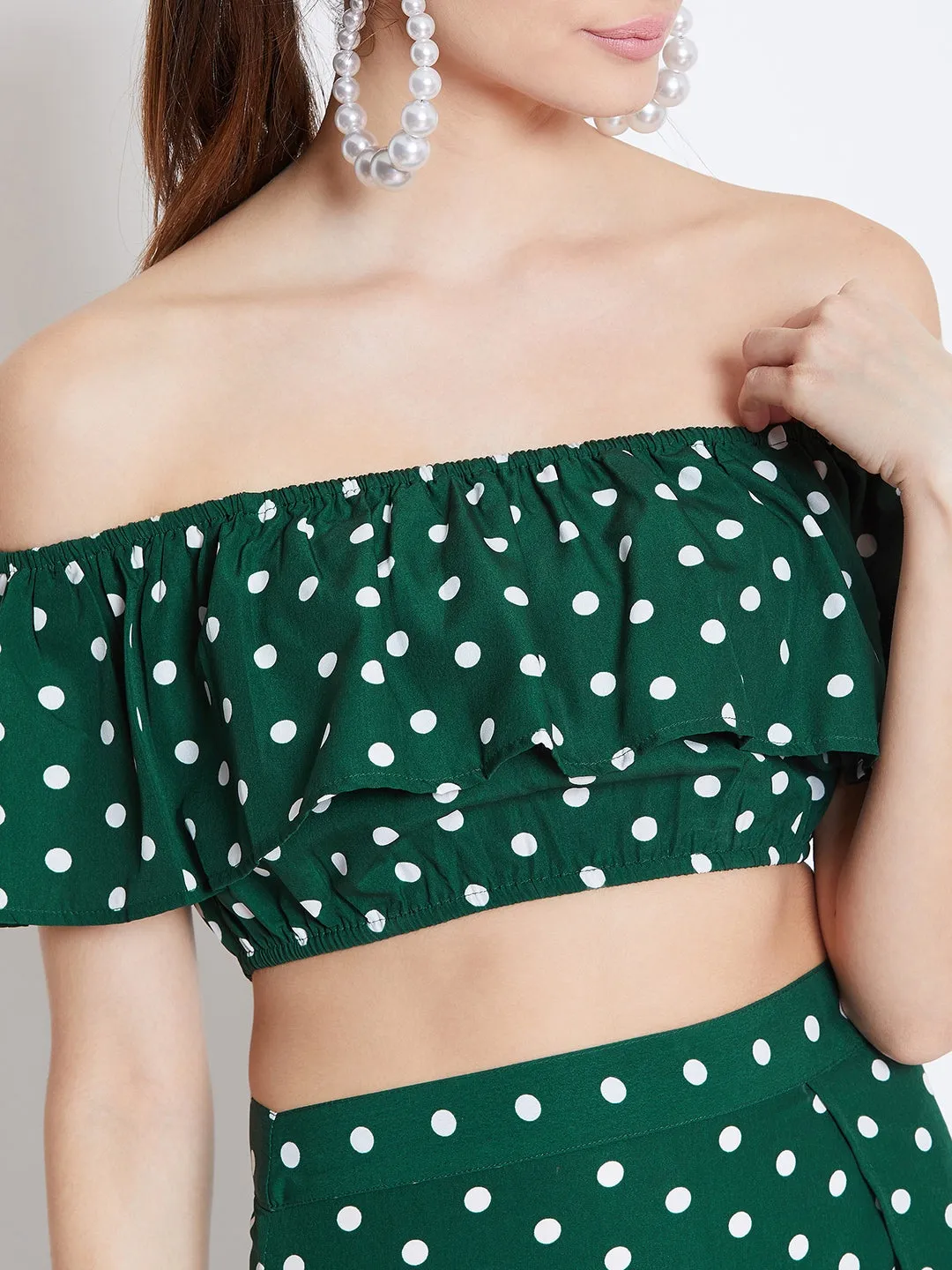 Berrylush Women Green & White Polka Dot Printed Off-Shoulder Co-Ordinate Maxi Dress