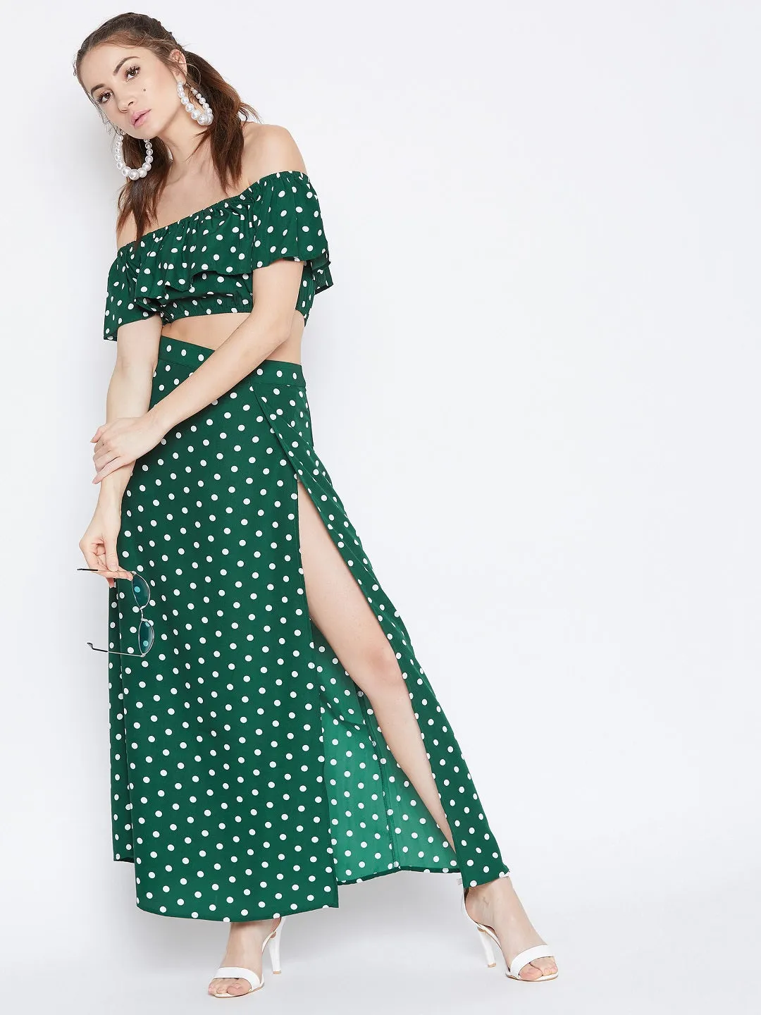 Berrylush Women Green & White Polka Dot Printed Off-Shoulder Co-Ordinate Maxi Dress