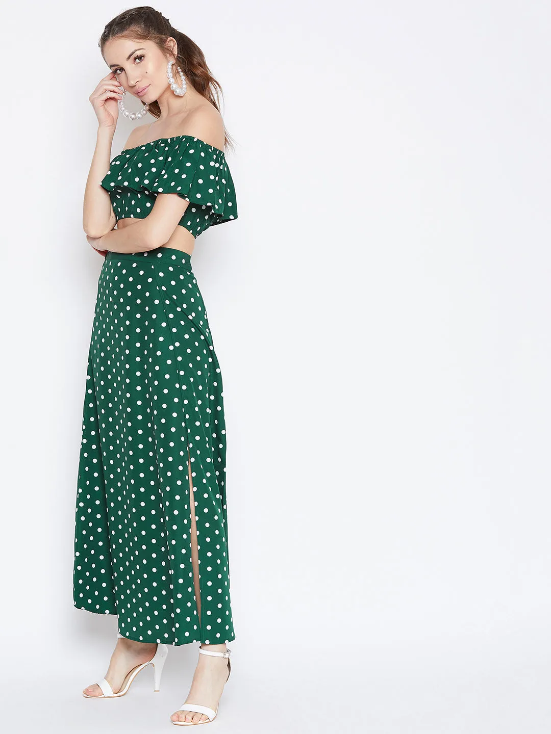 Berrylush Women Green & White Polka Dot Printed Off-Shoulder Co-Ordinate Maxi Dress