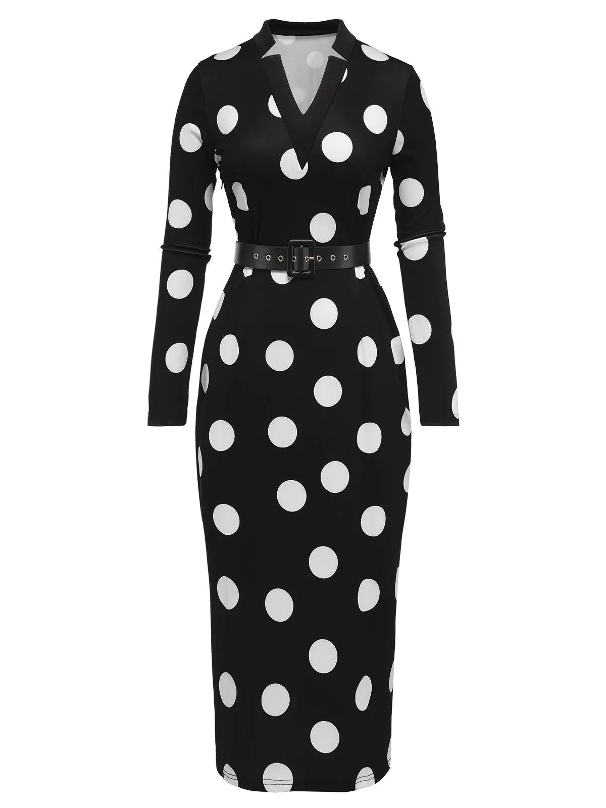 Black 1960s Polka Dot V-Neck Dress