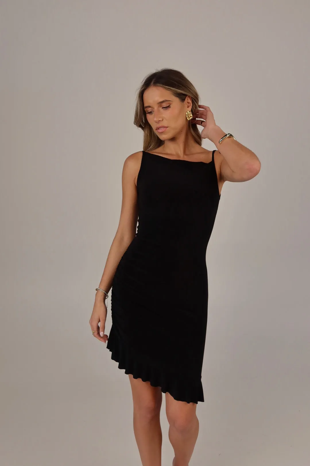 Blainn Black Ruched Ruffle Mini Dress in Black