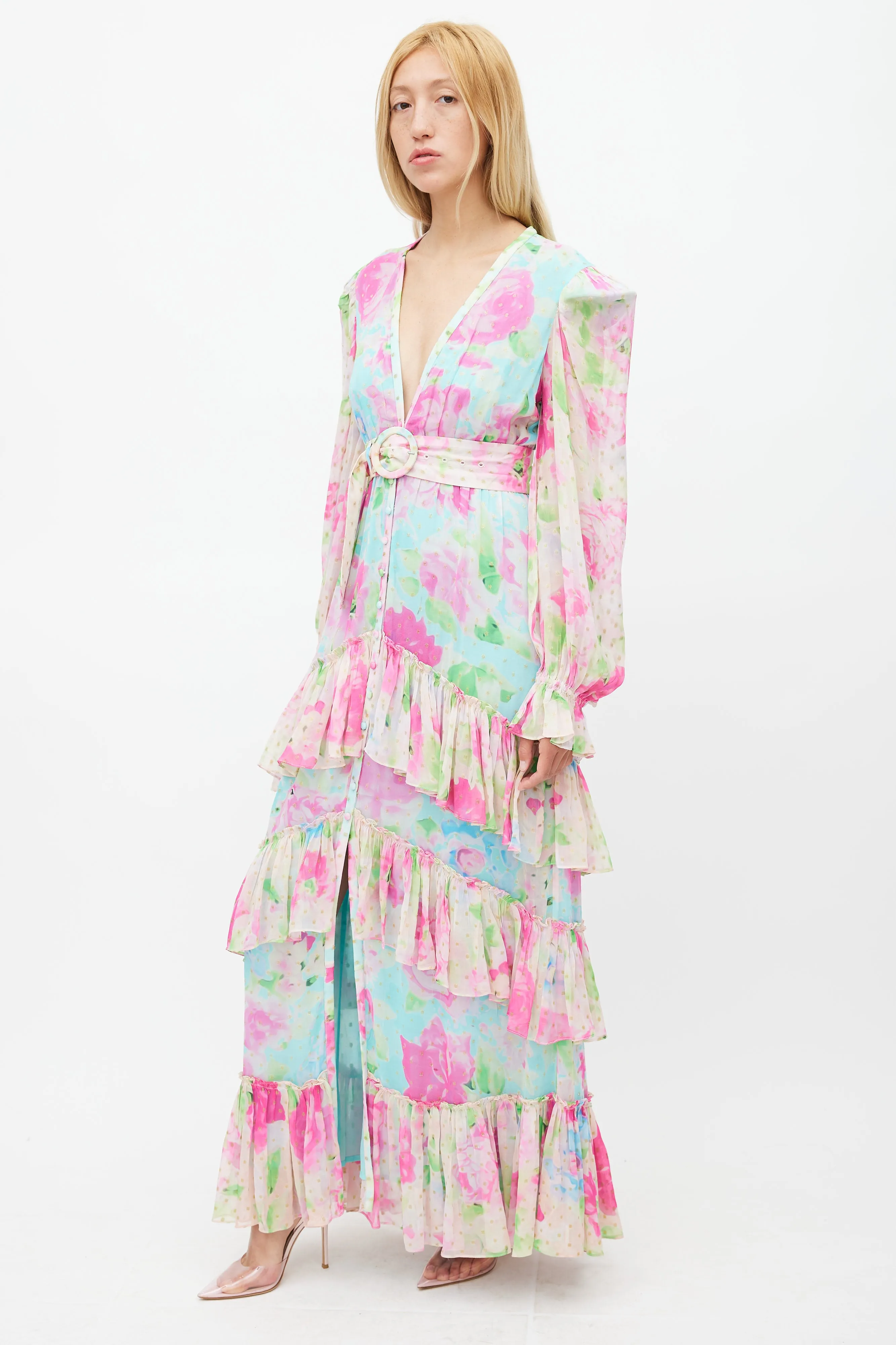 Blue & Multicolour Floral Belted Dress