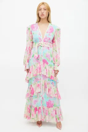 Blue & Multicolour Floral Belted Dress
